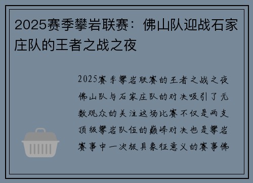 2025赛季攀岩联赛：佛山队迎战石家庄队的王者之战之夜